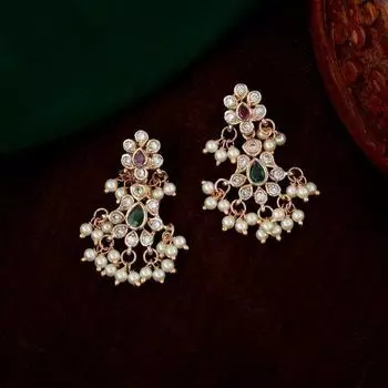 Estele Rose Gold Plated CZ Scintillating Flower Designer Earrings with Pearls for Women