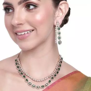 Estele Rose Gold Plated CZ Scintillating Necklace Set with Emerald & White Stones for Girls/Women