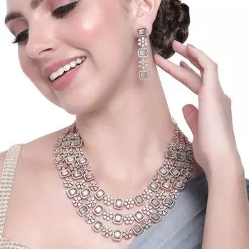 Estele Rose Gold Plated CZ Scintillating Three Layered Necklace Set with Mint Green and White Crystals for Women