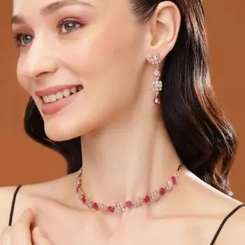 Estele Rose Gold Plated CZ Sparkling Designer Necklace Set with Pink Crystals for Women