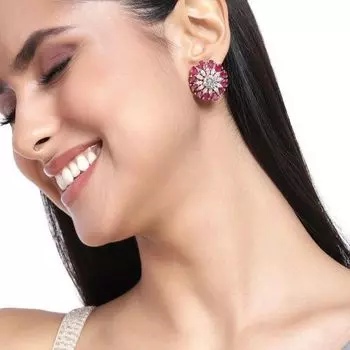 Estele Rose Gold Plated CZ Sparkling Flower Designer Stud Earrings for Women