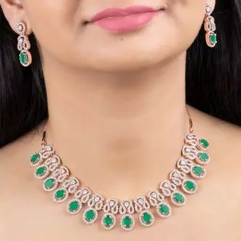 Estele Rose Gold Plated CZ Sparkling Necklace Set with Green Crystals for Women