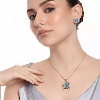 Estele Rose Gold Plated CZ Sparkling Square Designer Pendant Set with Mint Blue Crystals for Women