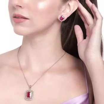 Estele Rose Gold Plated CZ Sparkling Square Designer Pendant Set with Ruby Stone for Women
