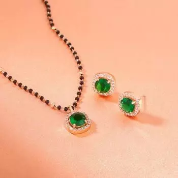 Estele Rose Gold Plated CZ Sparkling Square Designer Mangalsutra Necklace Set with Green Stones for Women
