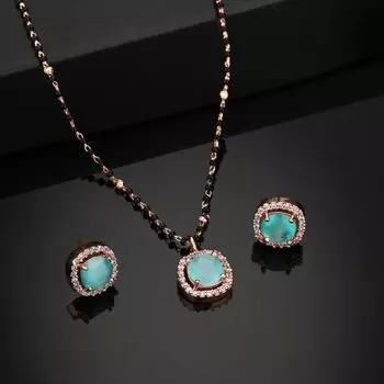 Estele Rose Gold Plated CZ Sparkling Square Designer Mangalsutra Necklace Set with Mint Green Stones for Women