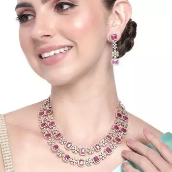 Estele Rose Gold Plated CZ Sparkling Two Layered Dulhan Necklace Set with Ruby Stones for Women