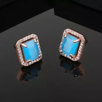 Estele Rose Gold Plated CZ Square Designer Earrings with Mint Blue for Women