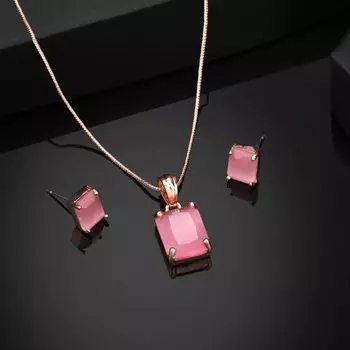 Estele Rose Gold Plated CZ Square Designer Pendant set with Mint Pink Stones for Women