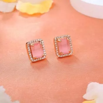 Estele Rose Gold Plated CZ Square Designer Stud Earrings with Mint Pink Stones for Women