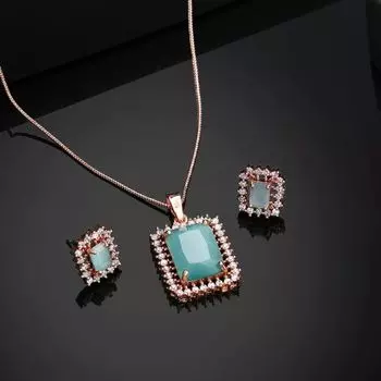 Estele Rose Gold Plated CZ Square Designer Pendant set with Mint Green Stones for Women