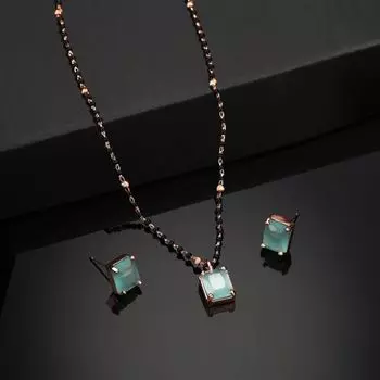 Estele Rose Gold Plated CZ Square Designer Mangalsutra Necklaec Set with Mint Green Stones for Women