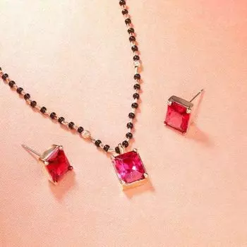 Estele Rose Gold Plated CZ Square Designer Mangalsutra Necklace Set with Ruby Stones for Women
