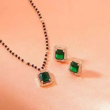 Estele Rose Gold Plated CZ Square Designer Mangalsutra Necklace Set with Emerald Stones for Women