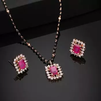 Estele Rose Gold Plated CZ Square Designer Mangalsutra Necklace Set with Ruby Stones for Women