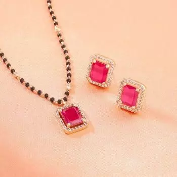Estele Rose Gold Plated CZ Square Designer Maangalsutra Necklace Set with Ruby Stone for Women