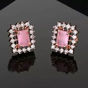 Estele Rose Gold Plated CZ Square Designer Stud Earrings with Mint Pink Stones for Women