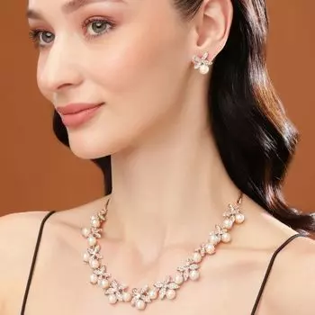 Estele Rose Gold Plated Flower Designer Necklace Set with Crystals for Women