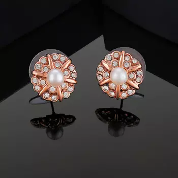 Estele Rose Gold Plated Flower Designer Stud Earrings with Crystals for Women