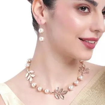 Estele Rose Gold Plated Leaf Designer Necklace Set with Pearls for Women