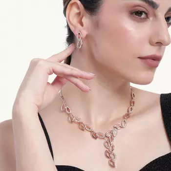 Estele Rose Gold Plated Leaf Designer Necklace Set with Crystals for Women