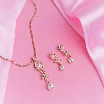 Estele Rose Gold Plated Pearl Drop with American Diamonds Pendant Set for Women