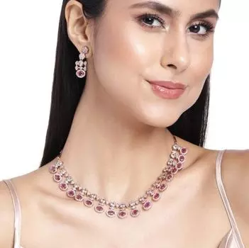 Estele Rose Gold Plated Plush with Ruby Stones dazzling Necklace Set for Women