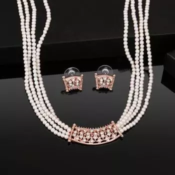 Estele Rose Gold Plated Sparkling Pearl Necklace Set with Crystals for Women