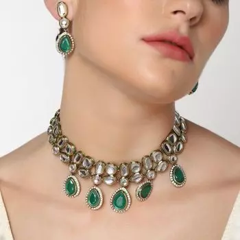 ESTELE - Traditional Polki and Emrald stones with American Diamond Necklace set for Women