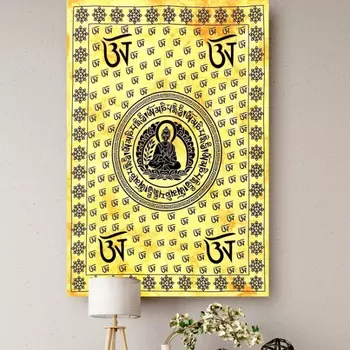 Гобелен настенный из хлопка, Wall Hanging Cotton Buddha Circle Yellow, Handmade, произв. MYINDIA