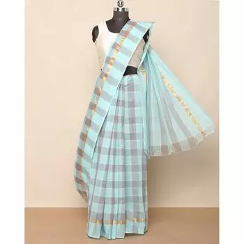 Голубое хлопковое сари с каймой, South Cotton Checked Saree with Zari Line Border, произв. AJIO