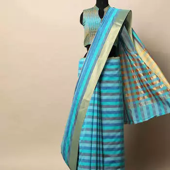 Голубое с золотом сари, Checked Saree with Zari Border, произв. MYINDIA