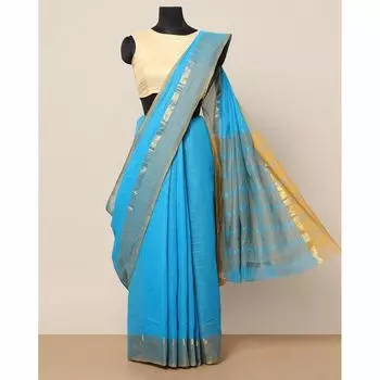 Голубое сари из южного хлопка с каймой зари, South Pure Cotton Checked Saree with Zari Border, произв. AJIO