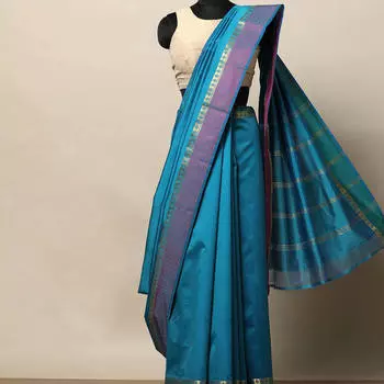 Голубое шелковое сари, South Silk Saree with Ganga Jamuna Border, произв. MYINDIA