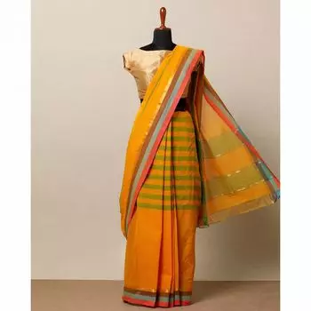 Горчичное сари в клетку, Mustard Saree, произв. MYINDIA