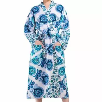 Халат из хлопка, Cotton Robe Blue Floral Mandala, Handmade, произв. MYINDIA