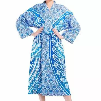 Халат из хлопка, Cotton Robe Blue on White Mandala, Handmade, произв. MYINDIA