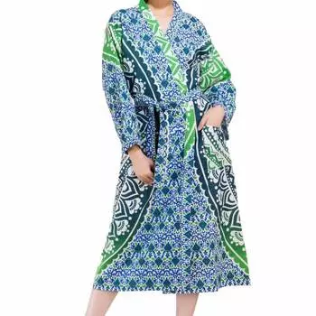 Халат из хлопка, Cotton Robe Green on White Mandala, Handmade, произв. MYINDIA
