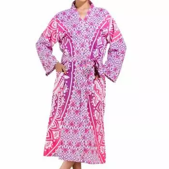 Халат из хлопка, Cotton Robe Pink on White Mandala, Handmade, произв. MYINDIA