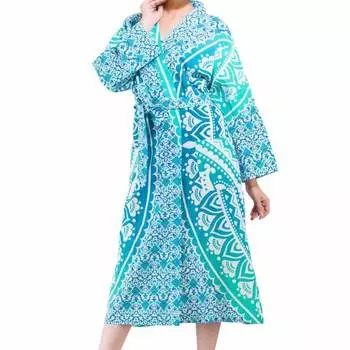 Халат из хлопка, Cotton Robe Turquoise on White Mandala, Handmade, произв. MYINDIA