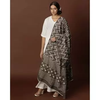 Хлопковая накидка Багру с кружевной каймой, Bagru Handblock Cotton Dupatta with Lace Border, произв. AJIO