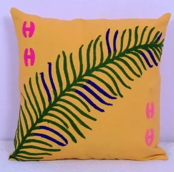 Хлопковая наволочка с вышивкой, Cotton Emroidered Cushion Cover Yellow Fern, Handmade, произв. MYINDIA