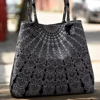Хлопковая сумка с принтом Мандала, Cotton Mandala Bag Black and White, Handmade, произв. MYINDIA