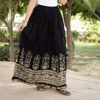 Хлопковая юбка, Cotton Black Skirt Gold Pattern, Handmade, произв. MYINDIA