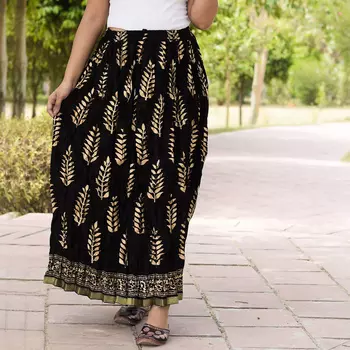 Хлопковая юбка, Cotton Black Skirt Leaves Pattern, Handmade, произв. MYINDIA