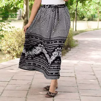 Хлопковая юбка, Cotton Black Skirt White Flower Pattern, Handmade, произв. MYINDIA