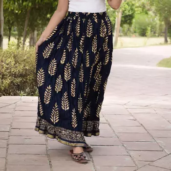 Хлопковая юбка, Cotton Dark Blue Skirt Leaves Pattern, Handmade, произв. MYINDIA