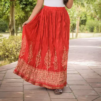 Хлопковая юбка, Cotton Orange Skirt Trees Pattern, Handmade, произв. MYINDIA