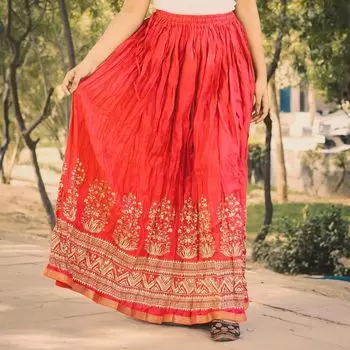 Хлопковая юбка, Cotton Pink Skirt Gold Pattern, Handmade, произв. MYINDIA