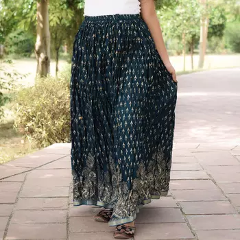 Хлопковая юбка, Cotton Turquoise Skirt Gold Pattern, Handmade, произв. MYINDIA